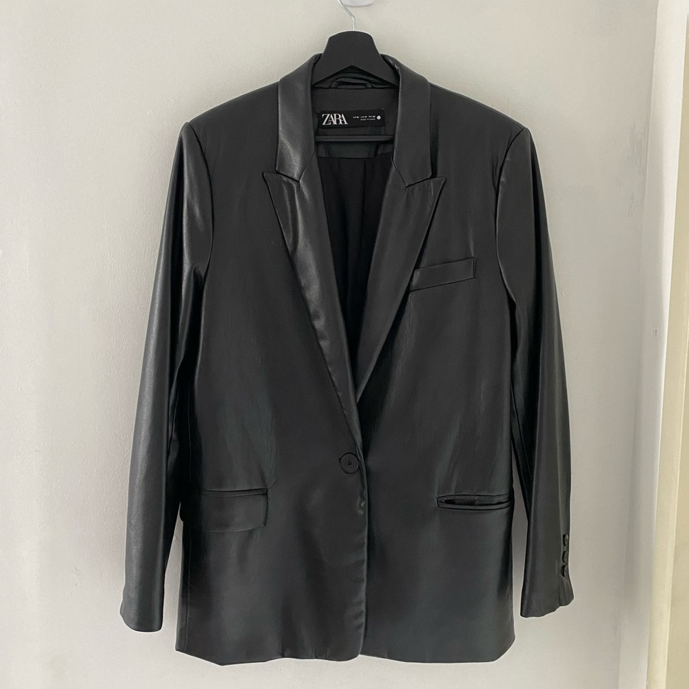 Zara Black Faux Leather Blazer M